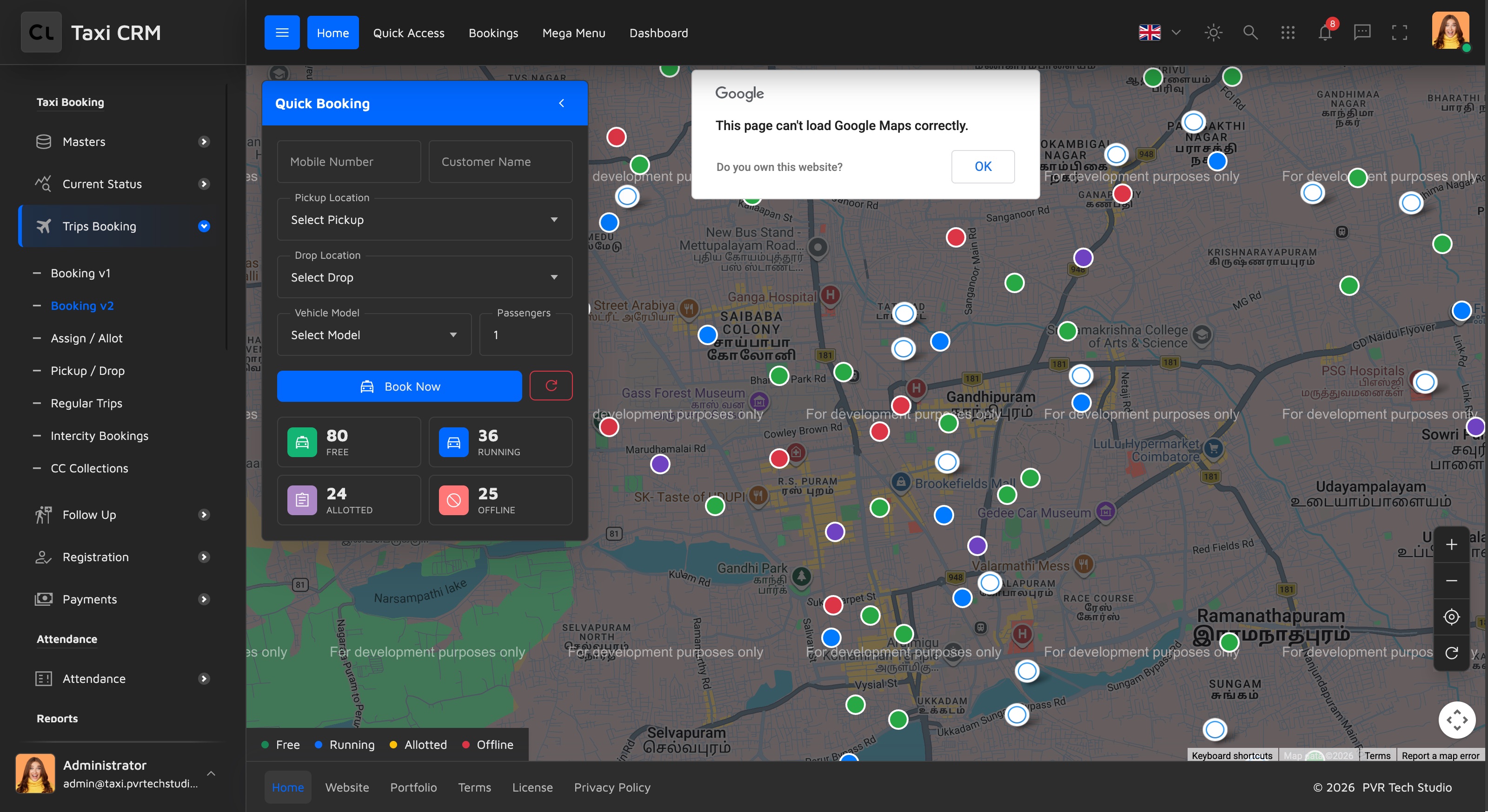 full-screen map with the floating Quick Booking panel on the left and the legend bottom-right