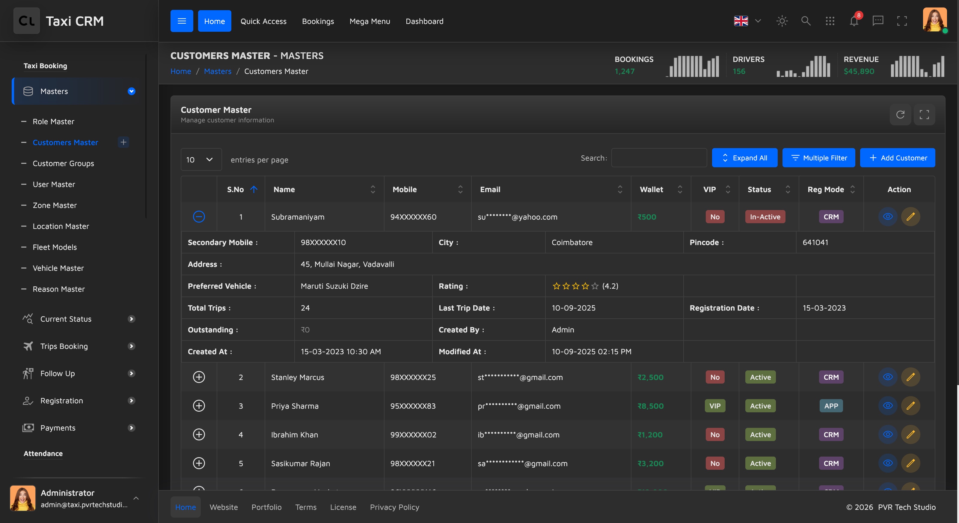 customer master DataTable with VIP/Status/Reg Mode columns