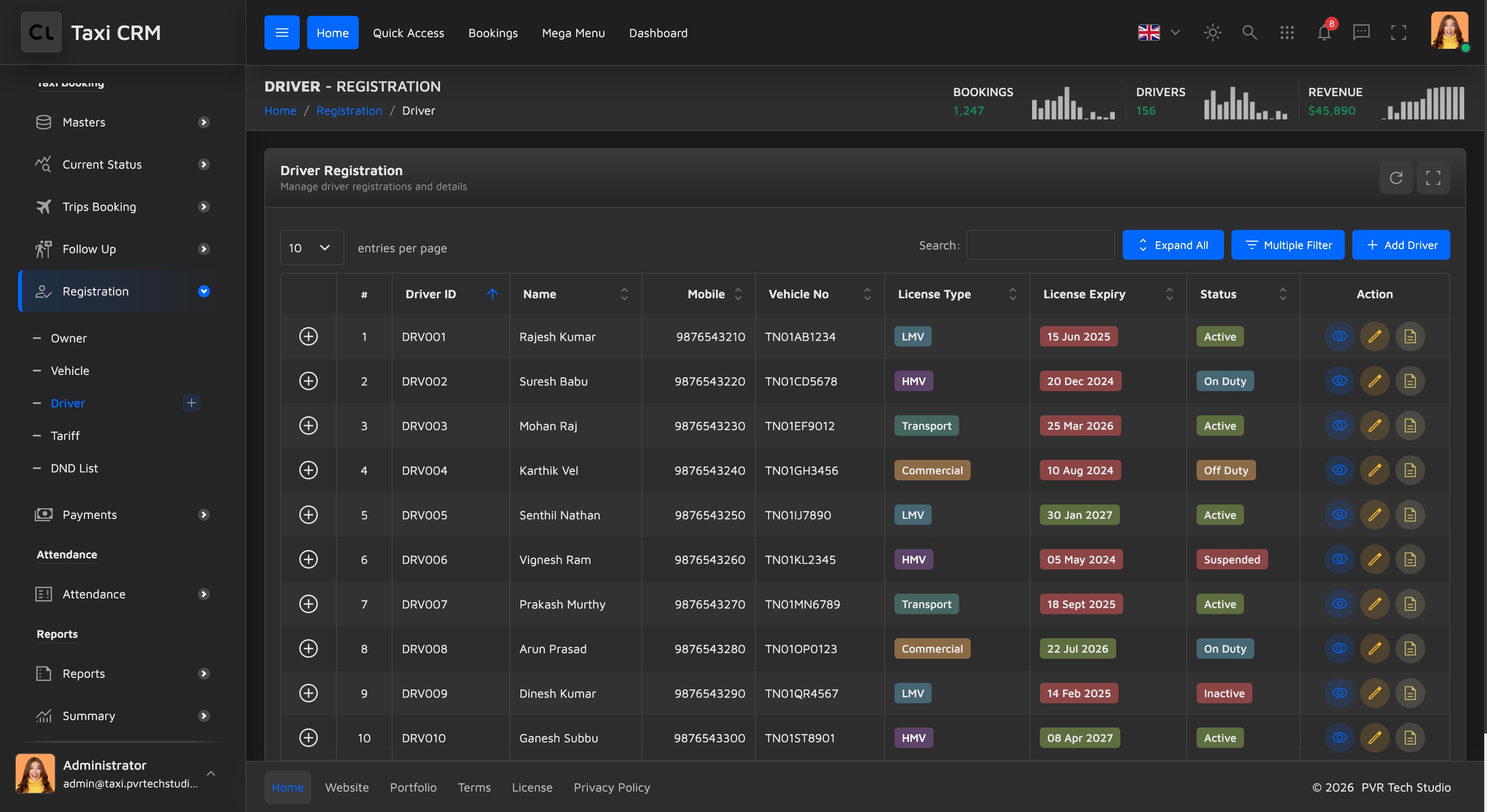 Driver Registration data table with status badges