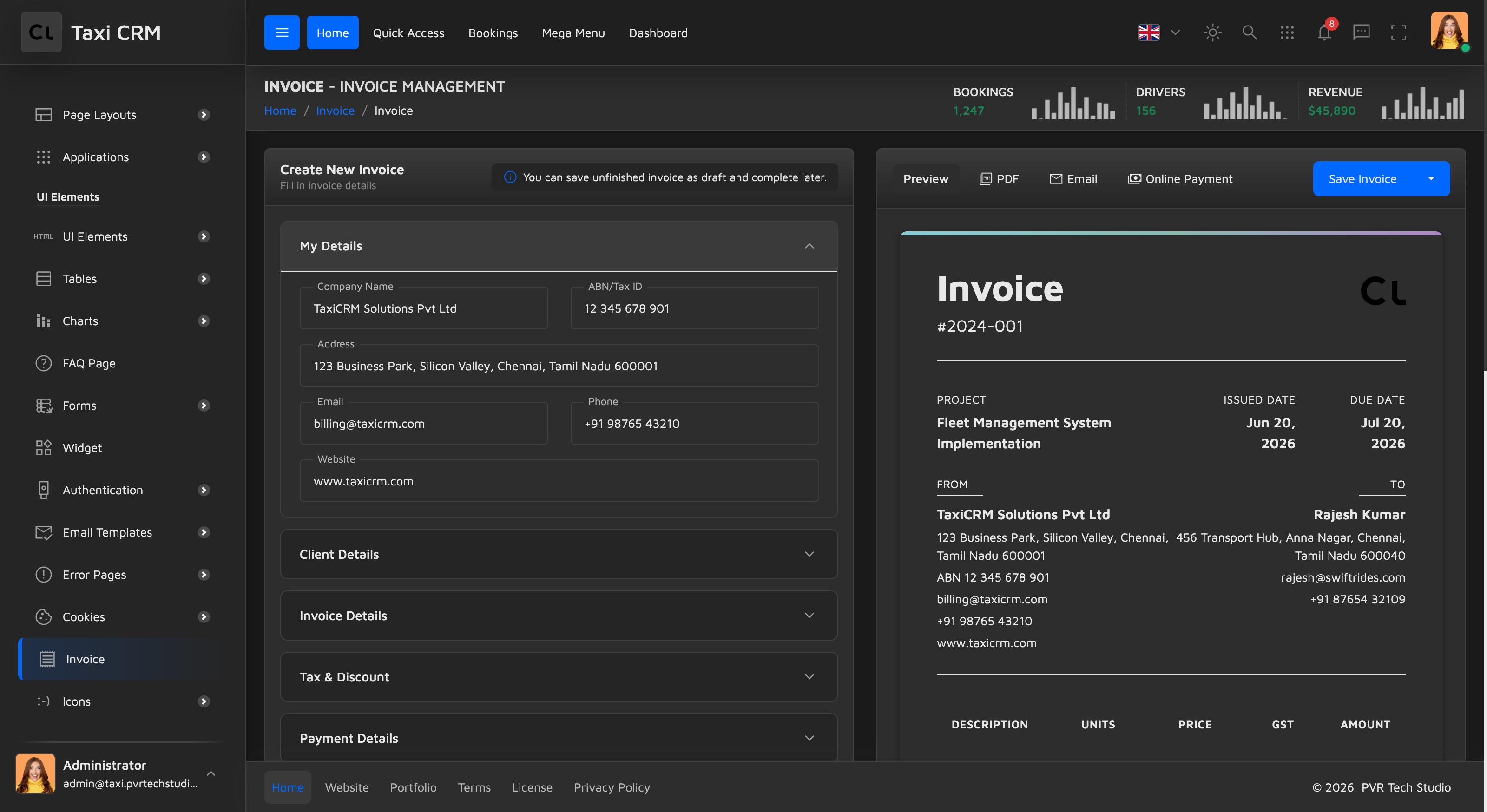 invoice builder form left, live document preview right