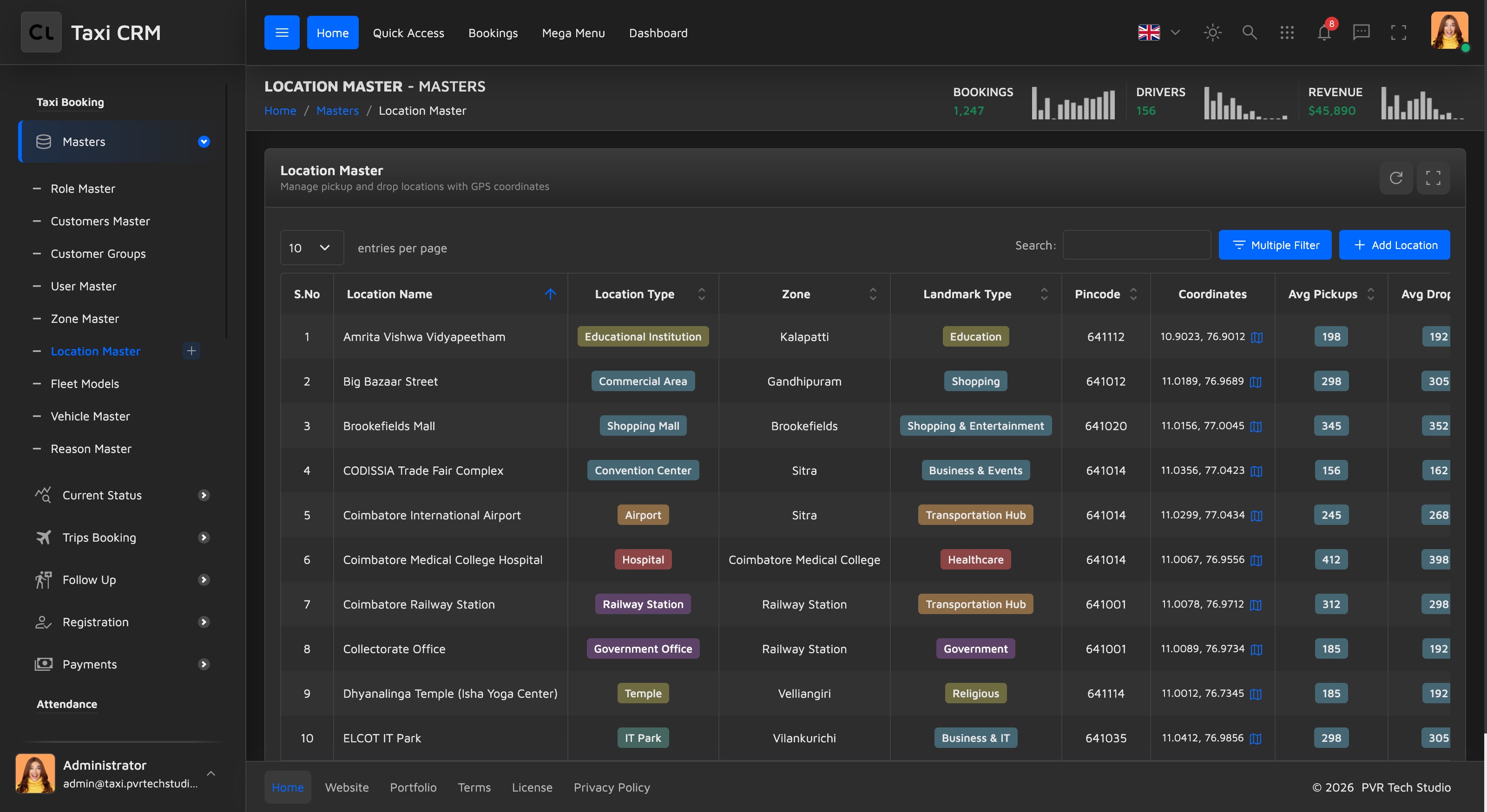 Location Master DataTable with columns and status badges