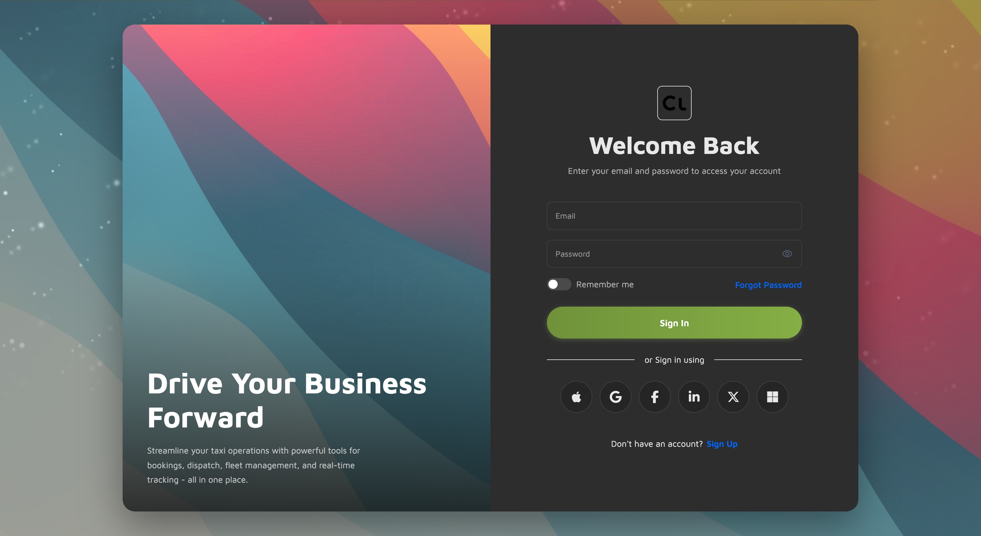 split-screen quote panel + login form