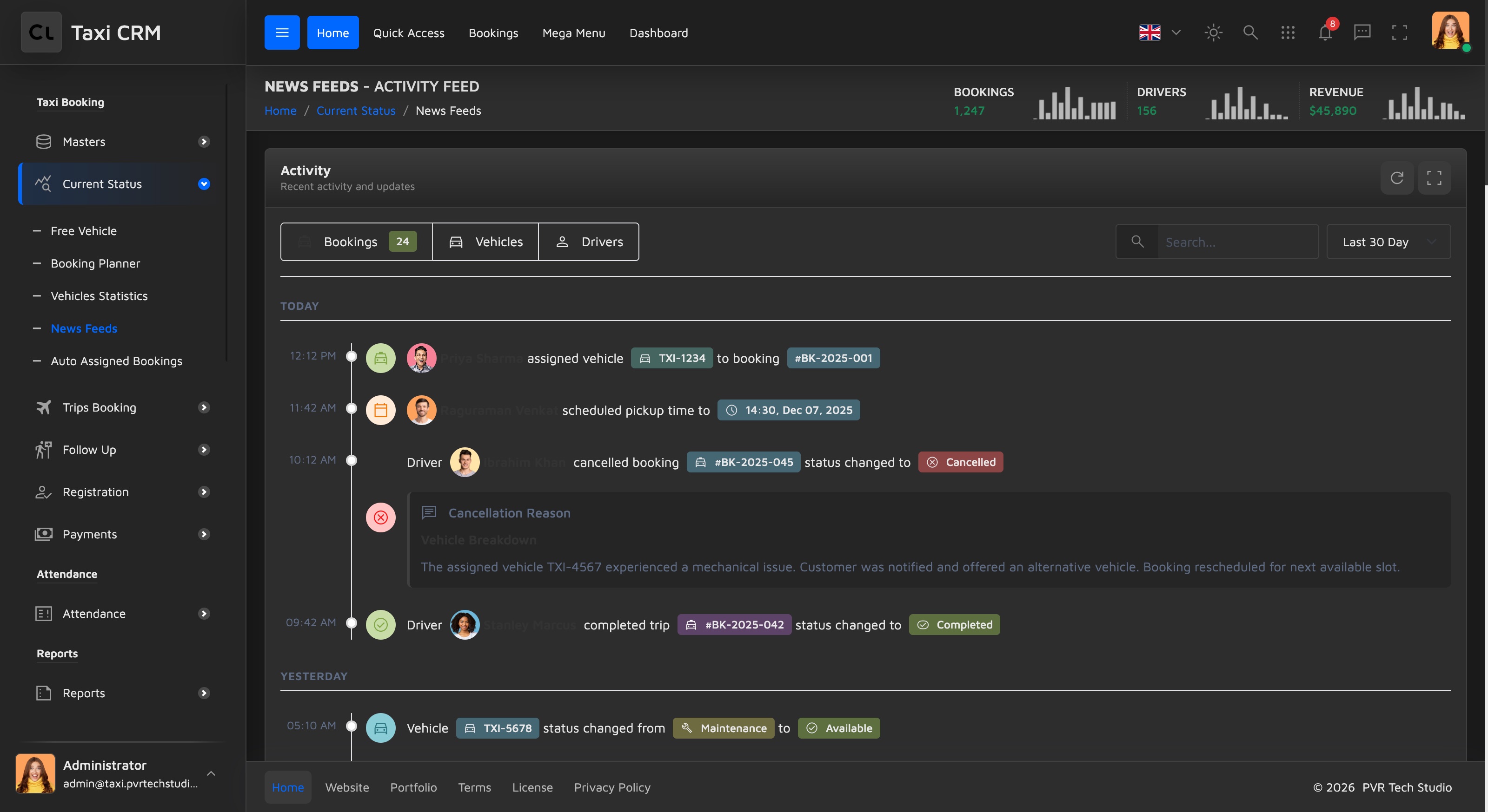 activity timeline with coloured event icons and status badges