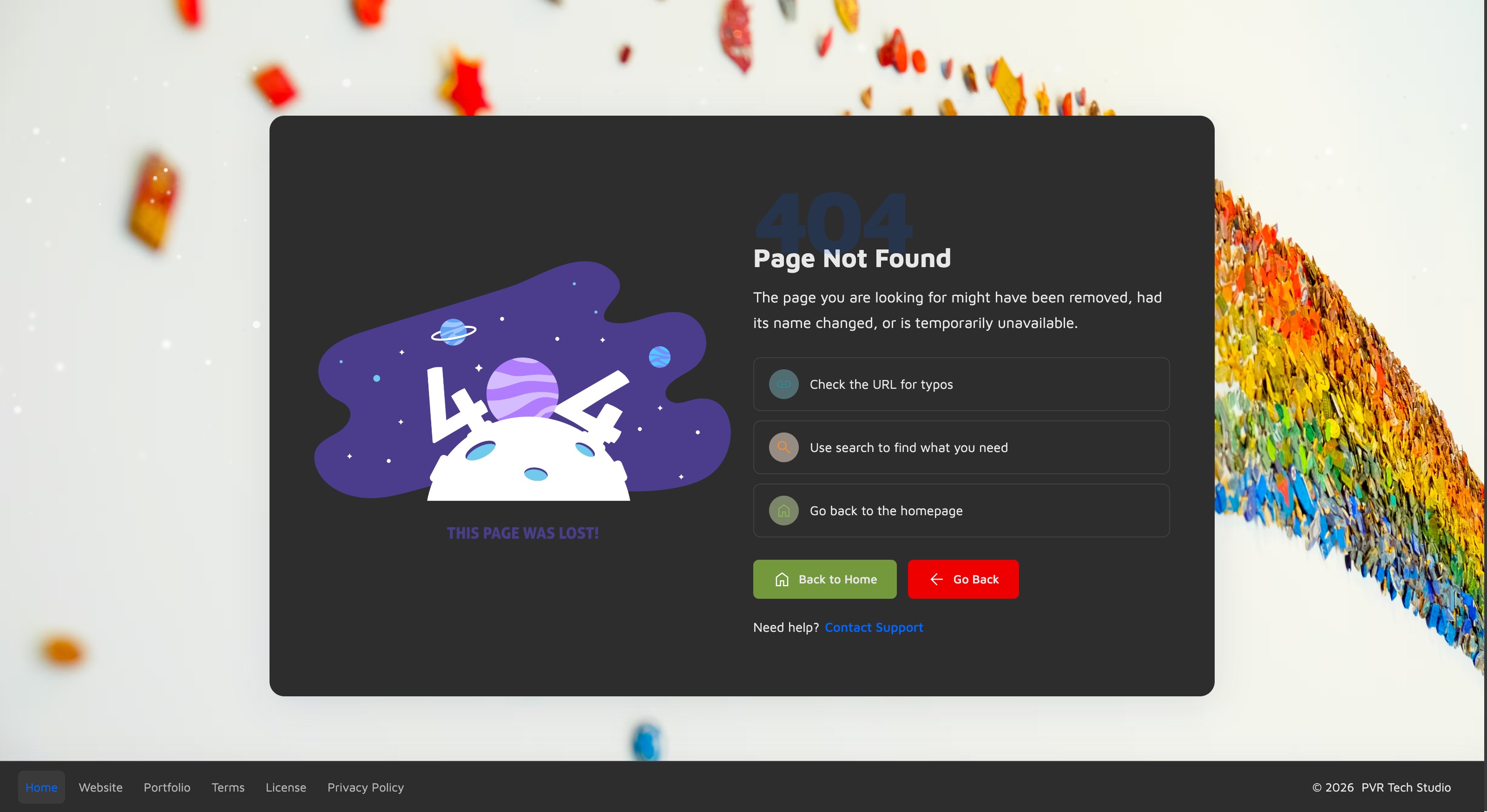 404 card — large code, title, quick-help tips and action buttons