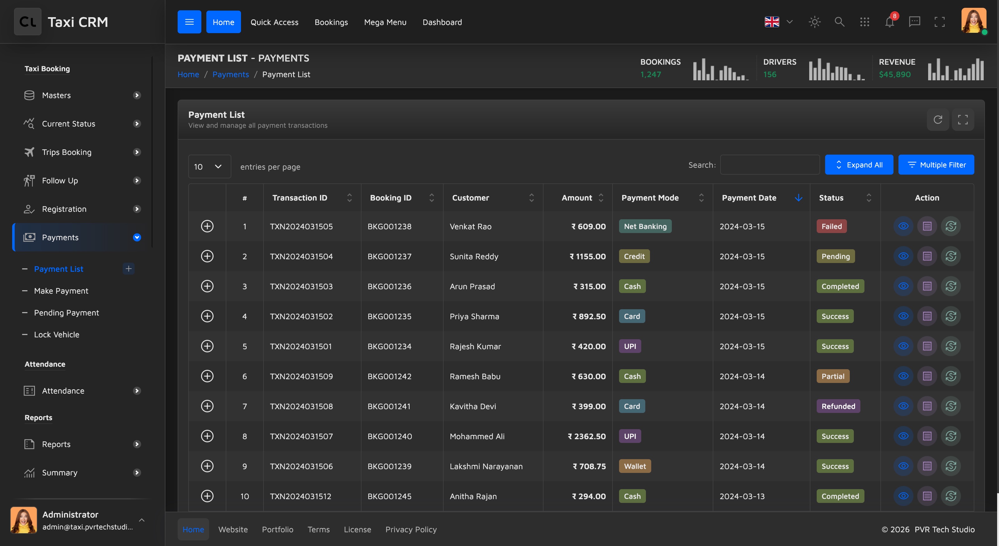 payment list DataTable with status badges