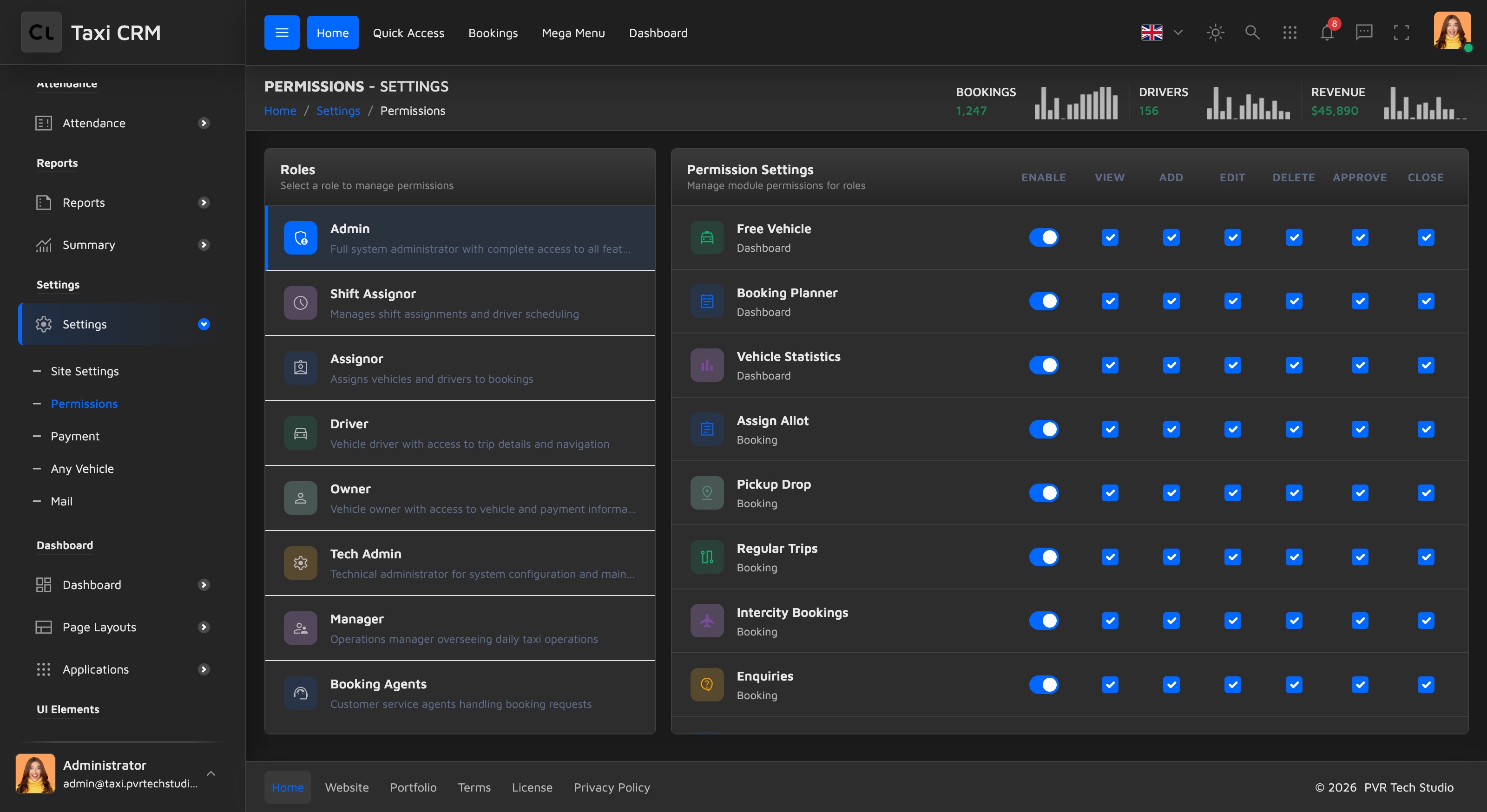 role list on the left, module permission matrix with Enable/View/Add/Edit/Delete/Approve/Close toggles on the right