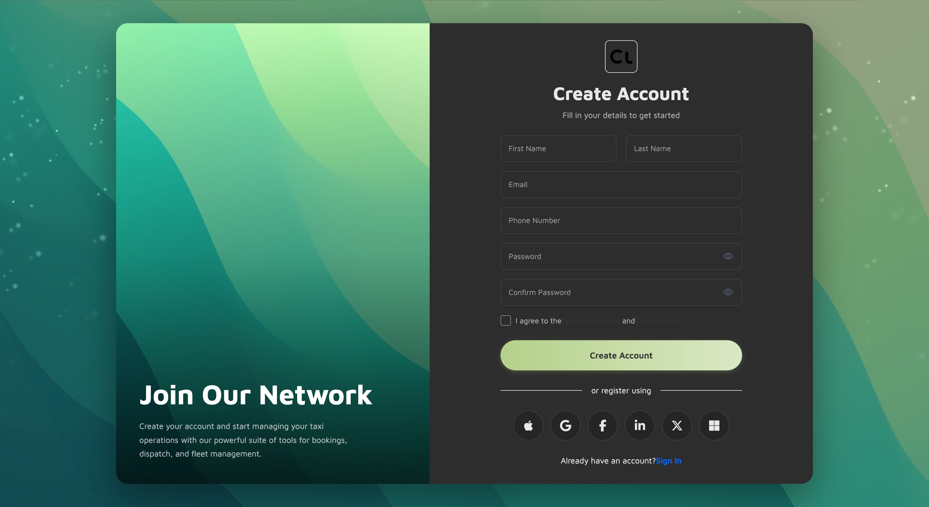 split-screen quote panel + registration form