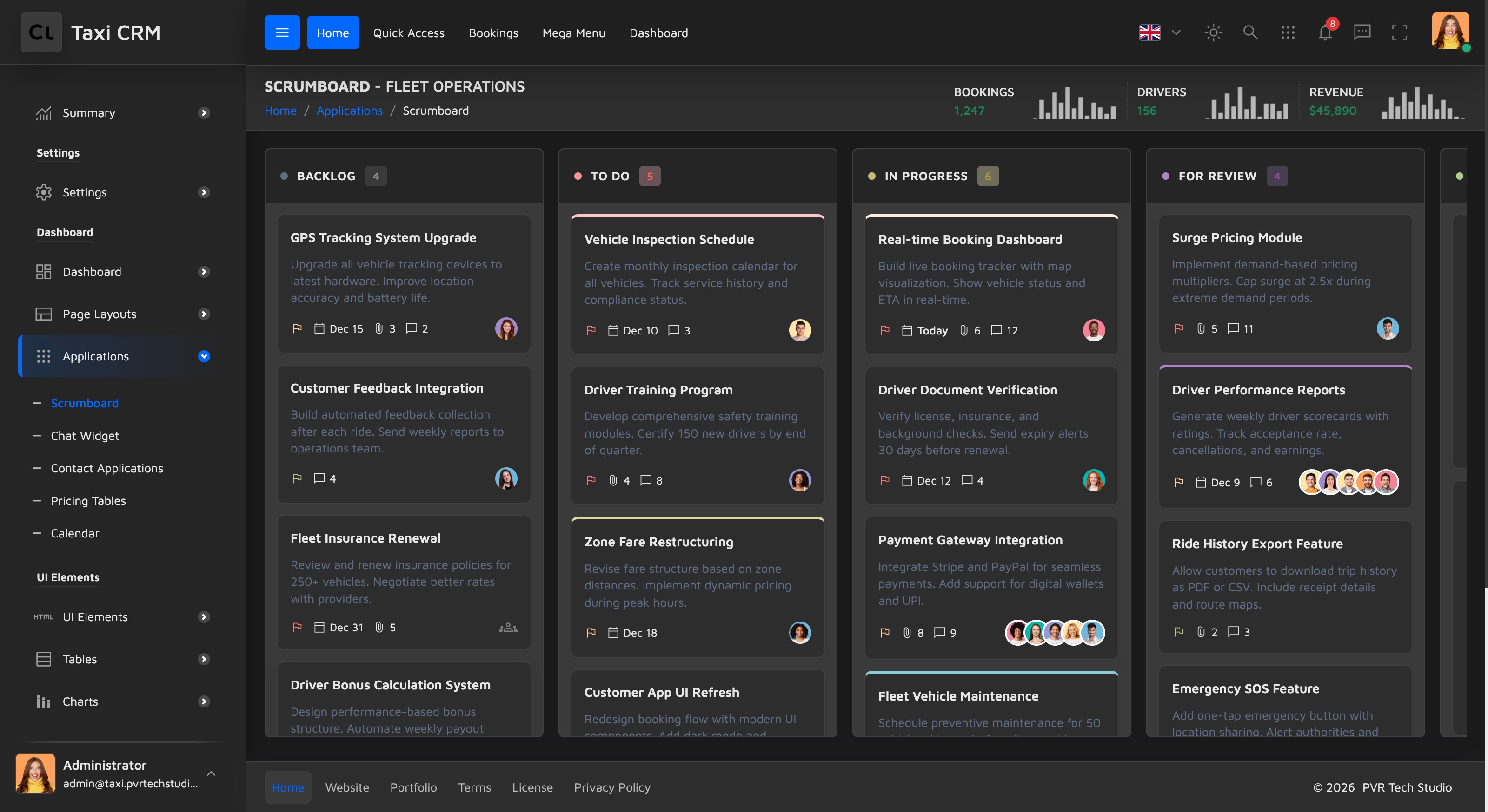 one Kanban column with two task cards (priority flag, avatars, footer meta)