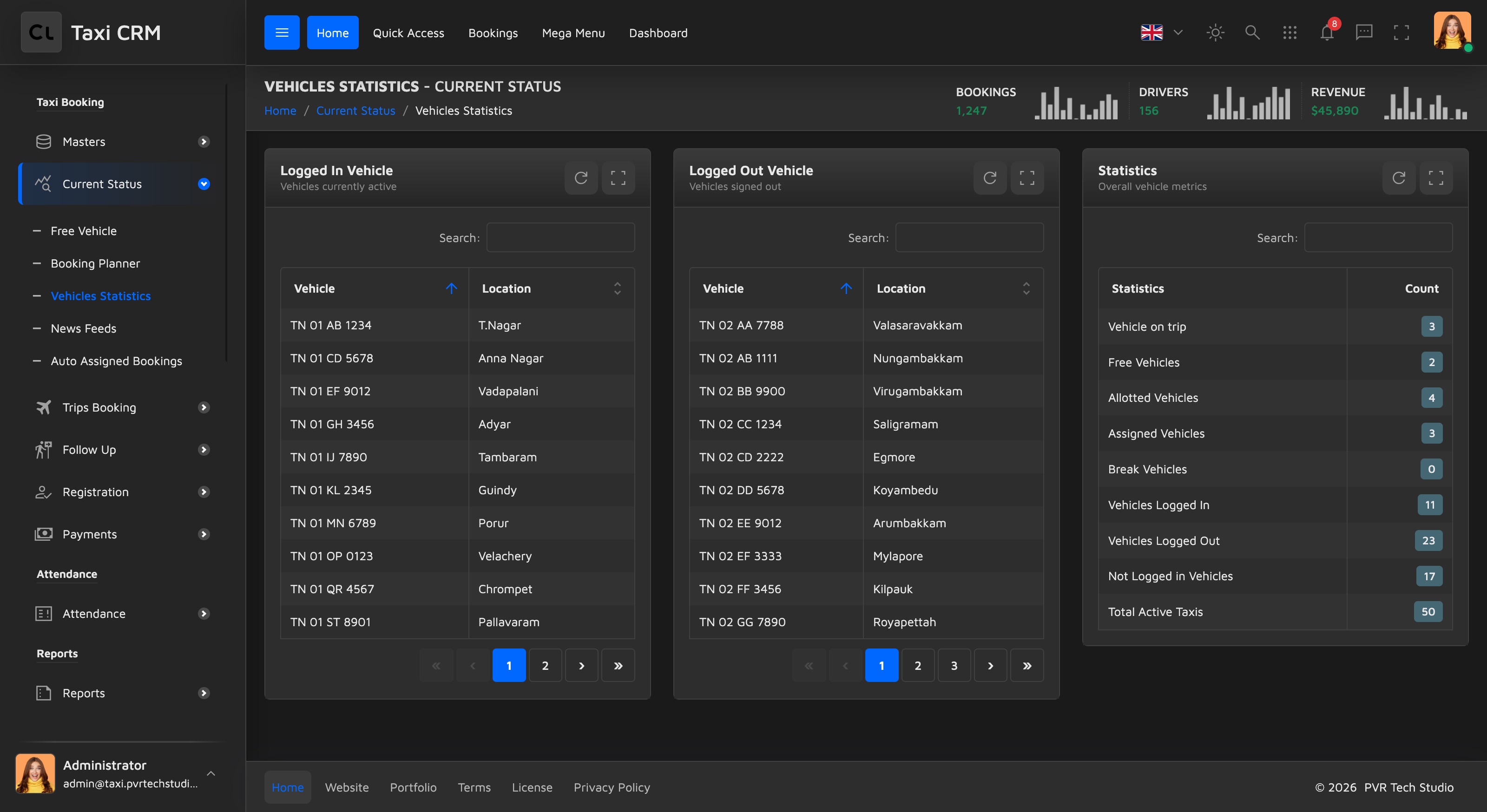 three-panel logged in / logged out / statistics layout